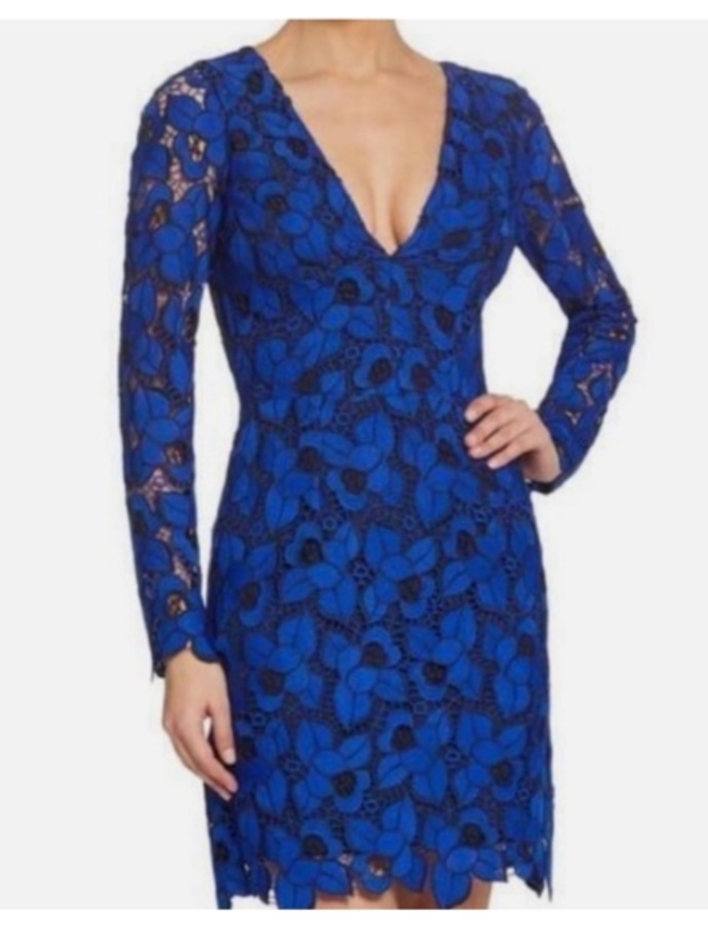 Dress the population Katherine blue overlay lace v neck cocktail dress sz s